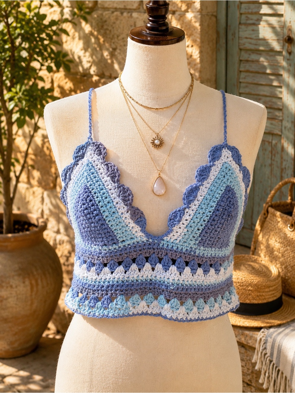 Blue Lacy Crochet Bra with Scalloped Edges